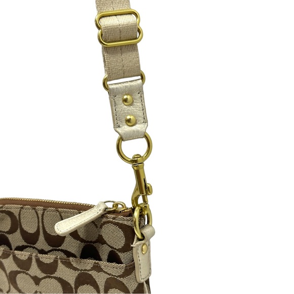 Coach Signature Jacquard Swingpack Crossbody Metallic Gold Leather Trim Bag
